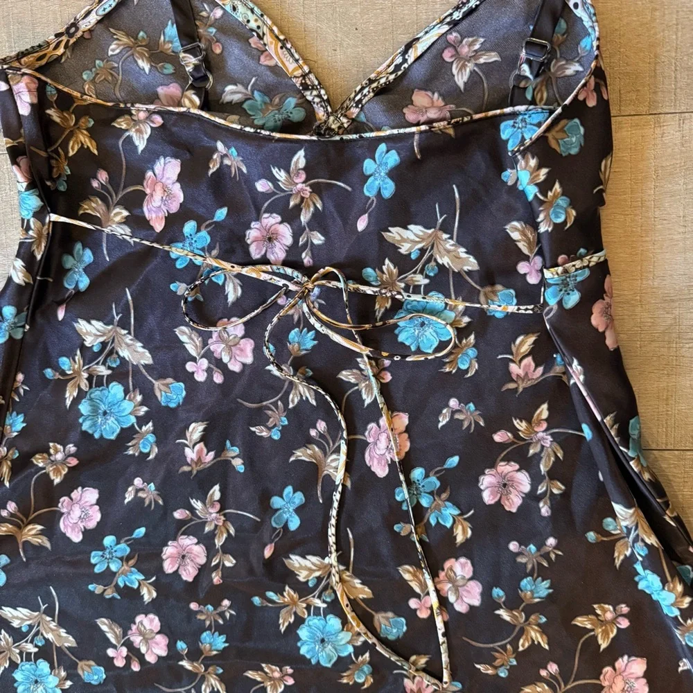 VTG Adonna chocolate Brown Floral satin slip Dress tie front back size large Y2K